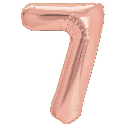 Balon din Folie Metalizata, Figurina Cifra, Tema Aniversare 80 cm, Ambalaj Individual, Pai inclus, Umflare cu Aer sau Heliu, Rose, Cifra 7