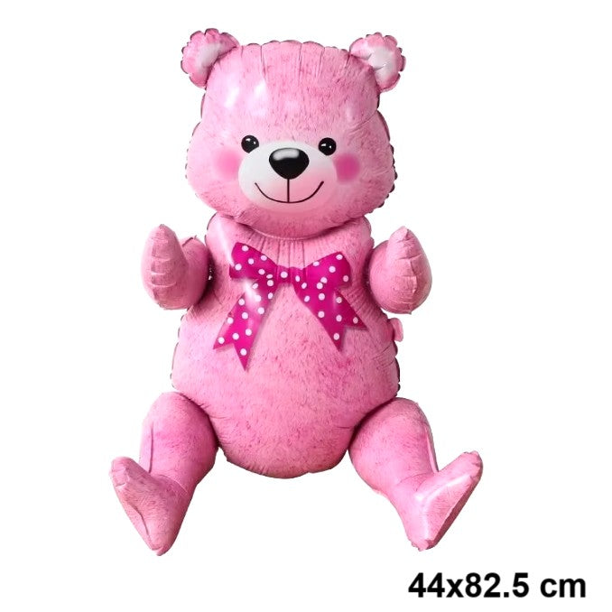 Balon din Folie Metalizata, Figurina Animalute, Model Ursulet Asezat, Tematica Aniversare, 44x82.5 cm, Ambalaj Individual, Pai Inclus, Umflare cu Aer sau Heliu, Roz