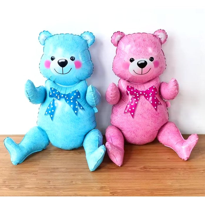 Balon din Folie Metalizata, Figurina Animalute, Model Ursulet Asezat, Tematica Aniversare, 44x82.5 cm, Ambalaj Individual, Pai Inclus, Umflare cu Aer sau Heliu, Albastru