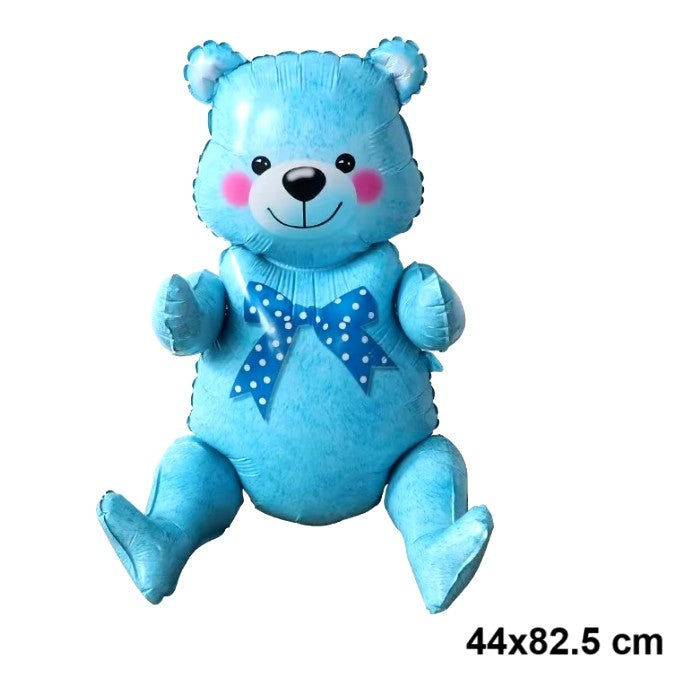Balon din Folie Metalizata, Figurina Animalute, Model Ursulet Asezat, Tematica Aniversare, 44x82.5 cm, Ambalaj Individual, Pai Inclus, Umflare cu Aer sau Heliu, Albastru