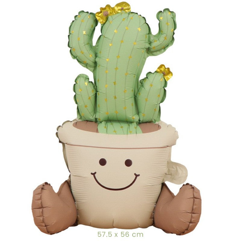 Balon din Folie Metalizata, Figurina Animata, Model Ghivechi Cactus, 57.5 x 56 cm, Ambalaj Individual, Pai Inclus, Umflare cu Aer sau Heliu, Verde