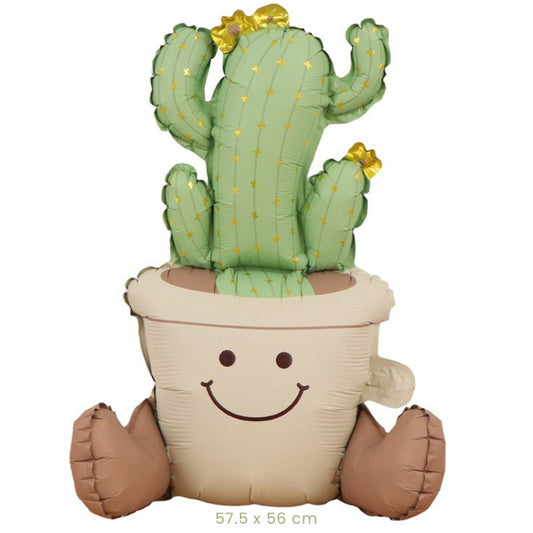Balon din Folie Metalizata, Figurina Animata, Model Ghivechi Cactus, 57.5 x 56 cm, Ambalaj Individual, Pai Inclus, Umflare cu Aer sau Heliu, Verde