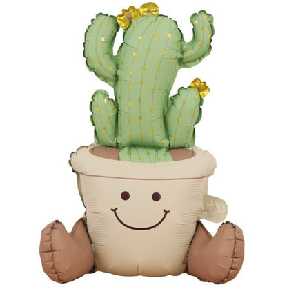 Balon din Folie Metalizata, Figurina Animata, Model Ghivechi Cactus, 57.5 x 56 cm, Ambalaj Individual, Pai Inclus, Umflare cu Aer sau Heliu, Verde