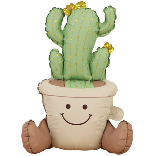 Balon din Folie Metalizata, Figurina Animata, Model Ghivechi Cactus, 57.5 x 56 cm, Ambalaj Individual, Pai Inclus, Umflare cu Aer sau Heliu, Verde