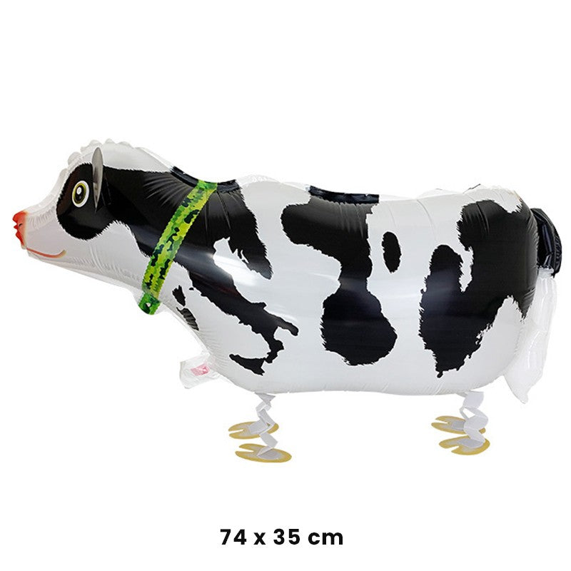 Balon din Folie Metalizata, Figurina Animata, Model Vacuta, 74x35 cm, Ambalaj Individual, Pai Inclus, Umflare cu Aer sau Heliu, Alb-Negru