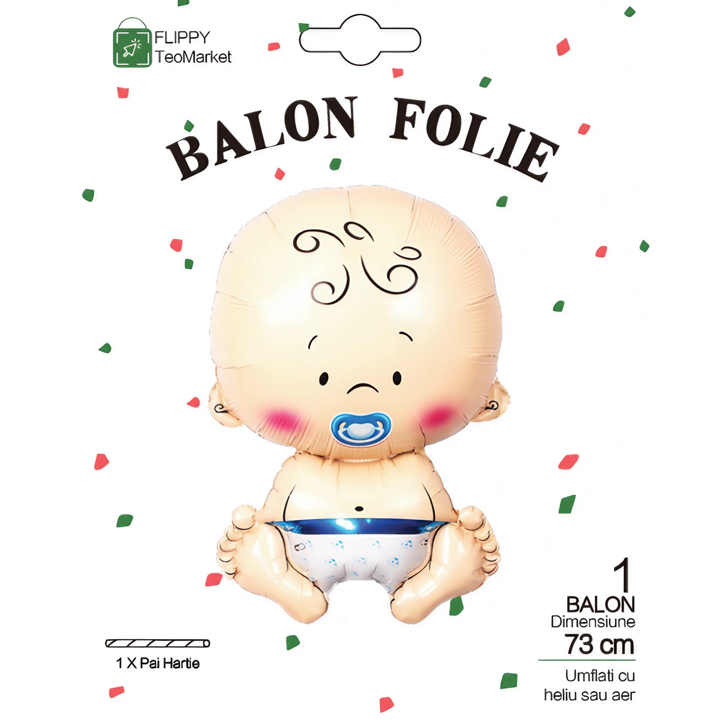 Balon din Folie Metalizata, Figurina Baietel, Tema Botez, 73x48 cm, Ambalaj Individual, Pai Inclus, Umflare cu Aer sau Heliu, Albastru