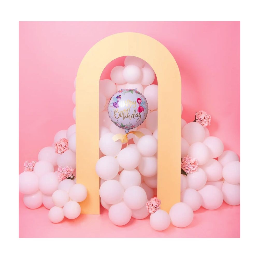 Balon din Folie Metalizata, Figurina Cerc, Model Happy Birthday cu Zane, Tematica Aniversare, 45 cm, Ambalaj Individual, Pai Inclus, Umflare cu Aer sau Heliu, Multicolor