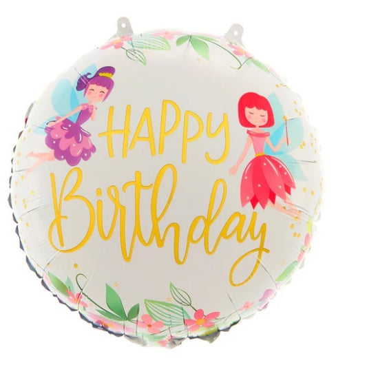 Balon din Folie Metalizata, Figurina Cerc, Model Happy Birthday cu Zane, Tematica Aniversare, 45 cm, Ambalaj Individual, Pai Inclus, Umflare cu Aer sau Heliu, Multicolor