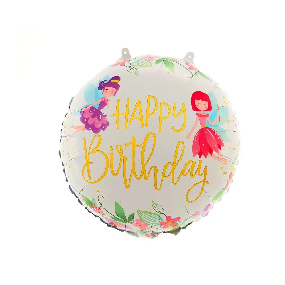Balon din Folie Metalizata, Figurina Cerc, Model Happy Birthday cu Zane, Tematica Aniversare, 45 cm, Ambalaj Individual, Pai Inclus, Umflare cu Aer sau Heliu, Multicolor