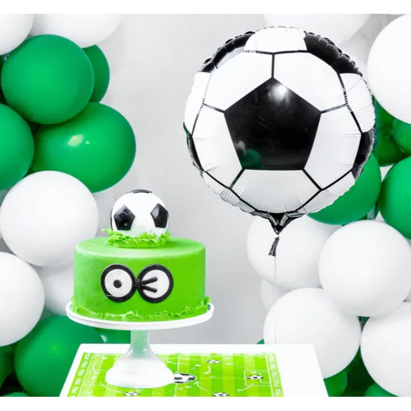 Balon din Folie Metalizata, Figurina Cerc, Model Minge de Fotbal, Tematica Sport, 45 cm, Ambalaj Individual, Pai Inclus, Umflare cu Aer sau Heliu, Alb-Negru