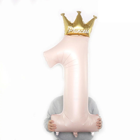 Balon din Folie Metalizata, Figurina Cifra 1, Model Coroana Printesa, 91 cm, Ambalaj Individual, Pai inclus, Umflare cu Aer sau Heliu, Roz