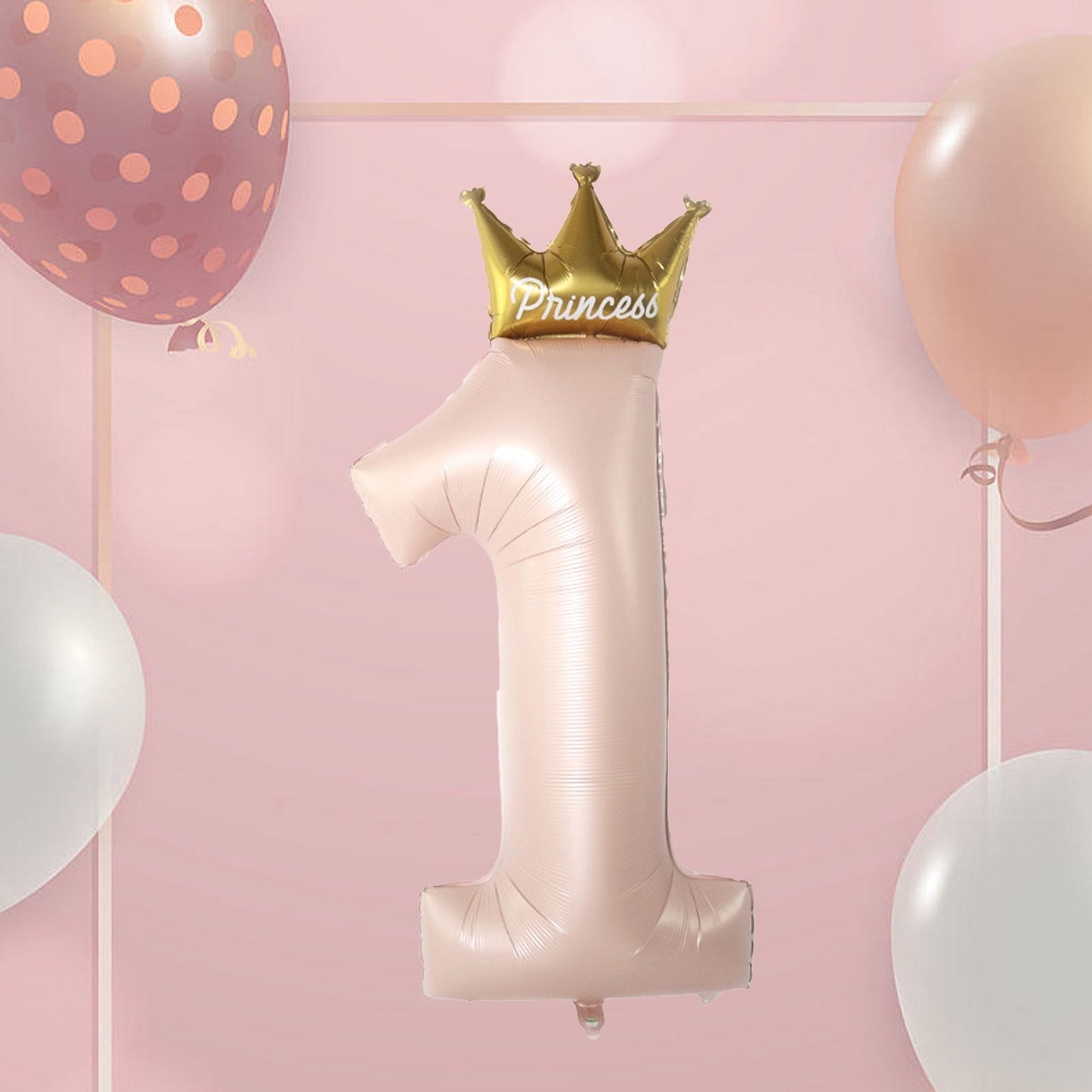 Balon din Folie Metalizata, Figurina Cifra 1, Model Coroana Printesa, 91 cm, Ambalaj Individual, Pai inclus, Umflare cu Aer sau Heliu, Roz