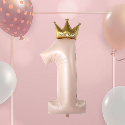 Balon din Folie Metalizata, Figurina Cifra 1, Model Coroana Printesa, 91 cm, Ambalaj Individual, Pai inclus, Umflare cu Aer sau Heliu, Roz