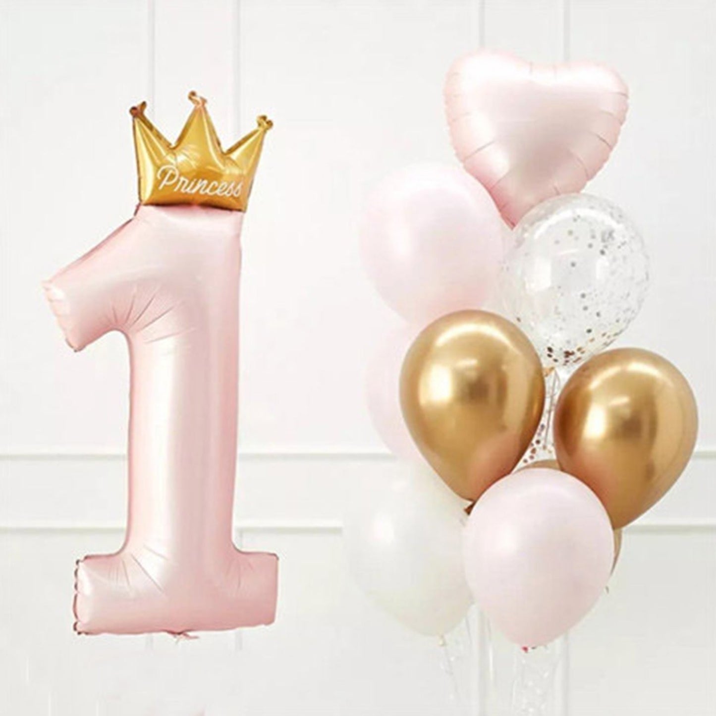 Balon din Folie Metalizata, Figurina Cifra 1, Model Coroana Printesa, 91 cm, Ambalaj Individual, Pai inclus, Umflare cu Aer sau Heliu, Roz