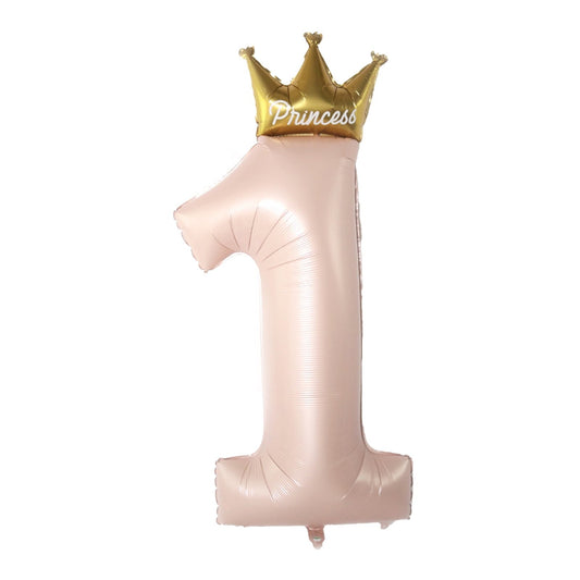 Balon din Folie Metalizata, Figurina Cifra 1, Model Coroana Printesa, 91 cm, Ambalaj Individual, Pai inclus, Umflare cu Aer sau Heliu, Roz