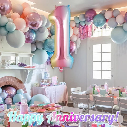 Balon din Folie Metalizata, Figurina Cifra Gradient, Tema Aniversare 40 cm, Ambalaj Individual, Pai inclus, Umflare cu Aer sau Heliu, Multicolor, Cifra 1