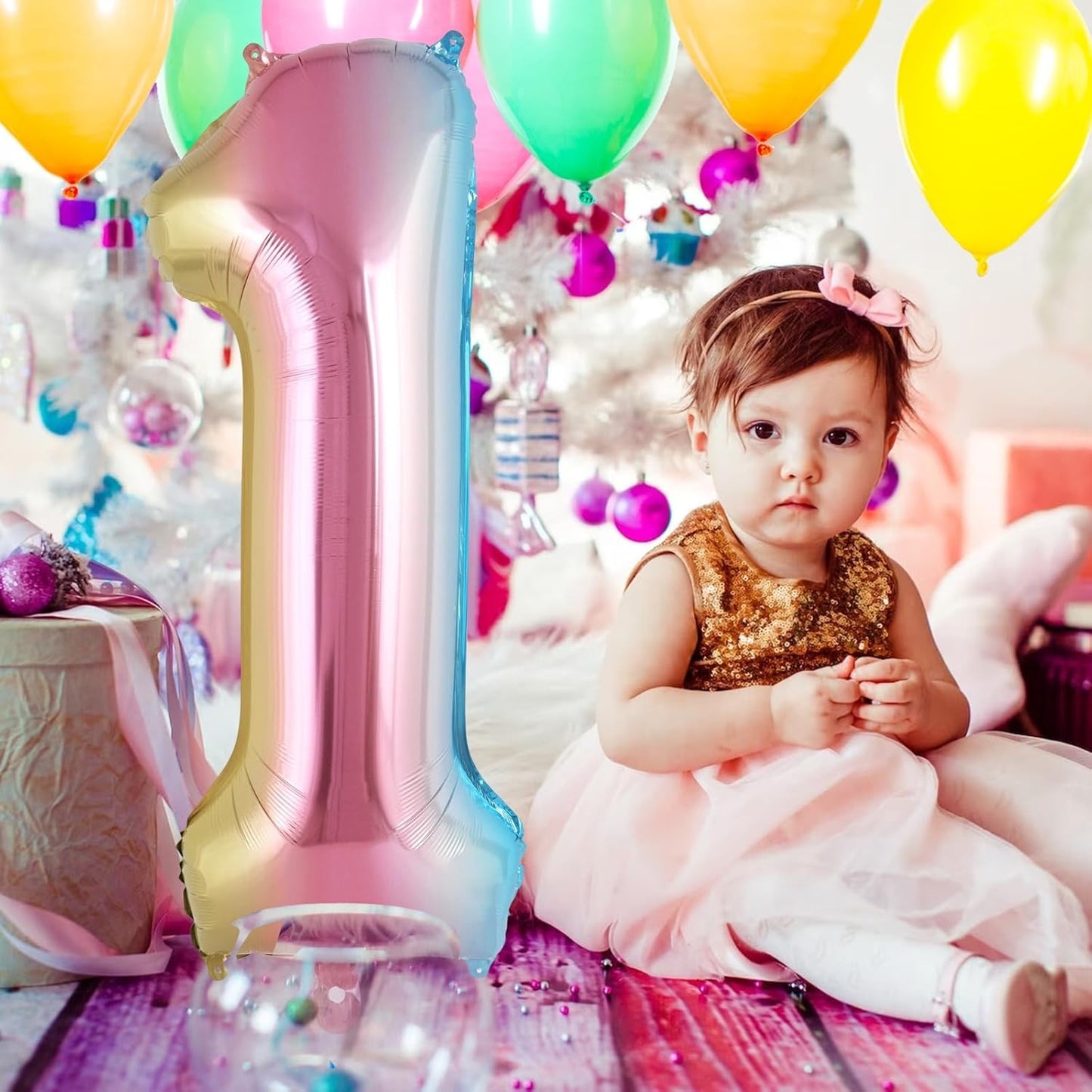 Balon din Folie Metalizata, Figurina Cifra Gradient, Tema Aniversare 40 cm, Ambalaj Individual, Pai inclus, Umflare cu Aer sau Heliu, Multicolor, Cifra 1