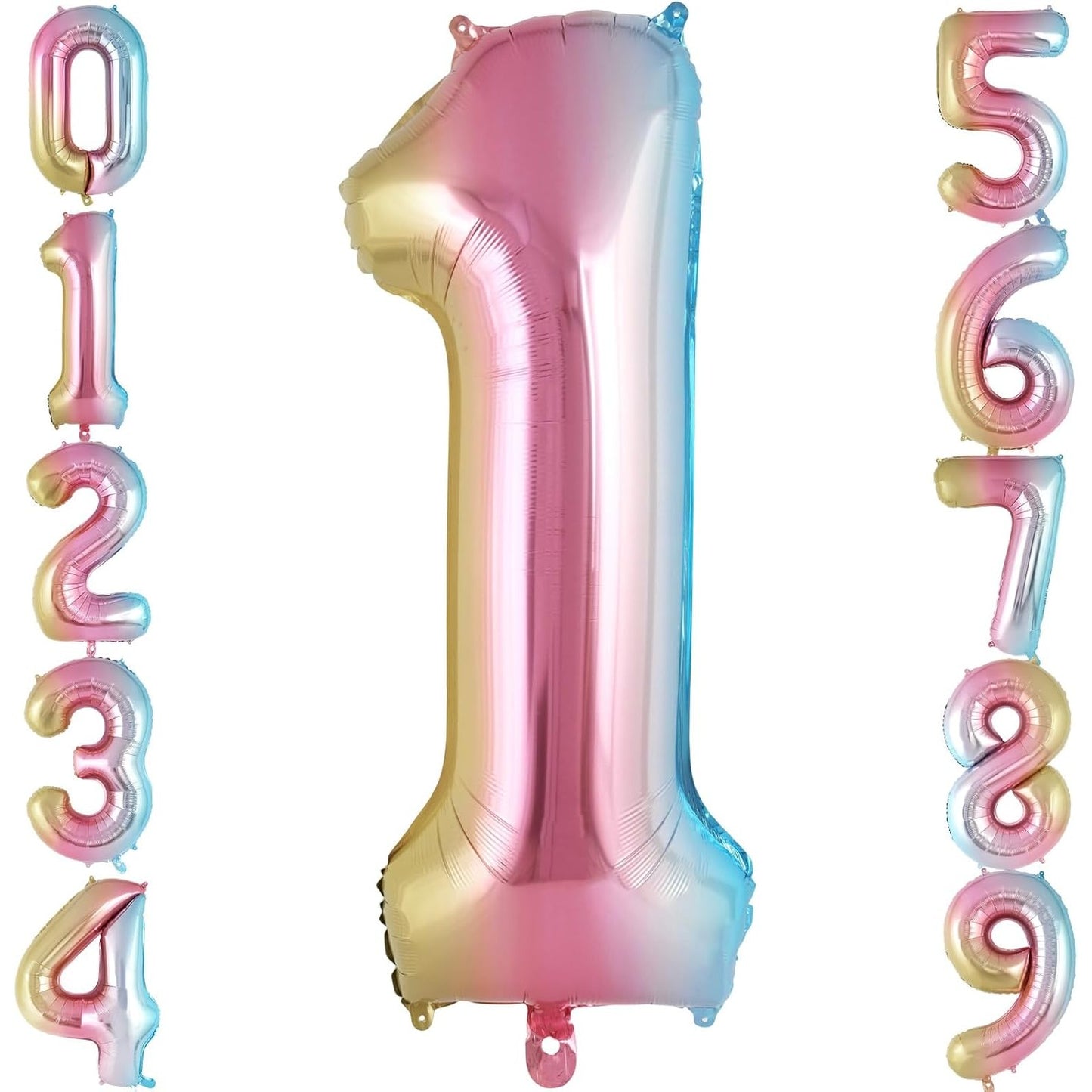 Balon din Folie Metalizata, Figurina Cifra Gradient, Tema Aniversare 40 cm, Ambalaj Individual, Pai inclus, Umflare cu Aer sau Heliu, Multicolor, Cifra 1
