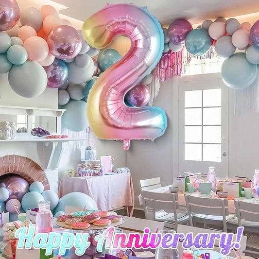 Balon din Folie Metalizata, Figurina Cifra Gradient, Tema Aniversare 40 cm, Ambalaj Individual, Pai inclus, Umflare cu Aer sau Heliu, Multicolor, Cifra 2