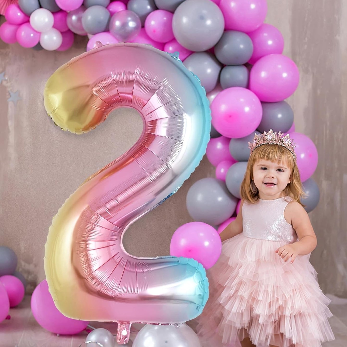 Balon din Folie Metalizata, Figurina Cifra Gradient, Tema Aniversare 40 cm, Ambalaj Individual, Pai inclus, Umflare cu Aer sau Heliu, Multicolor, Cifra 2