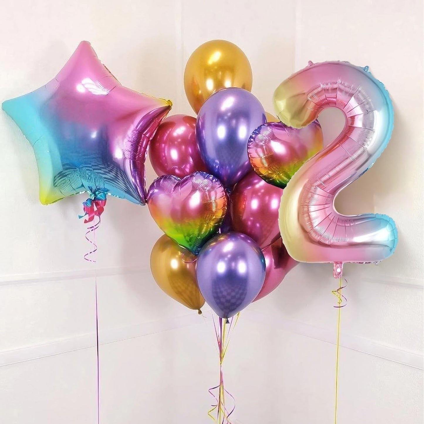 Balon din Folie Metalizata, Figurina Cifra Gradient, Tema Aniversare 40 cm, Ambalaj Individual, Pai inclus, Umflare cu Aer sau Heliu, Multicolor, Cifra 2