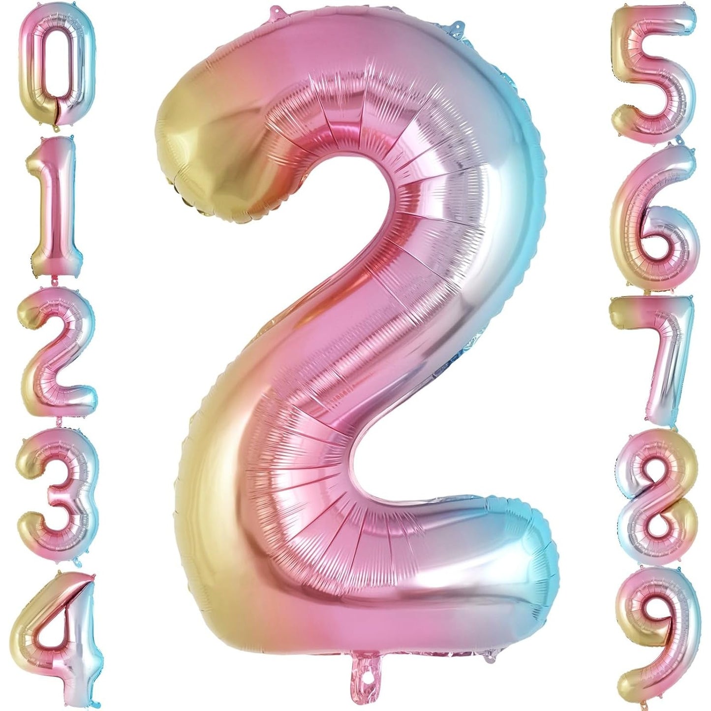 Balon din Folie Metalizata, Figurina Cifra Gradient, Tema Aniversare 40 cm, Ambalaj Individual, Pai inclus, Umflare cu Aer sau Heliu, Multicolor, Cifra 2
