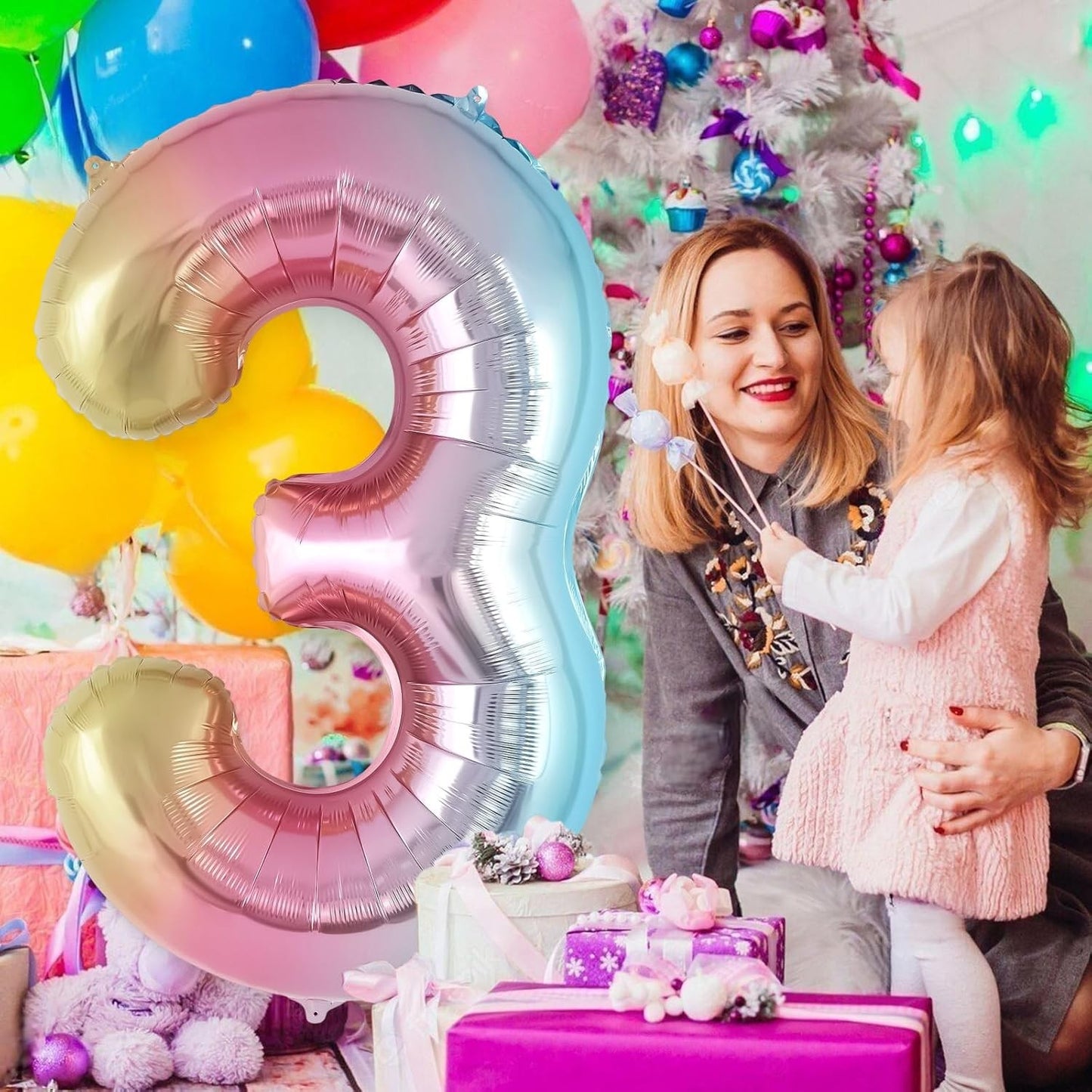 Balon din Folie Metalizata, Figurina Cifra Gradient, Tema Aniversare 40 cm, Ambalaj Individual, Pai inclus, Umflare cu Aer sau Heliu, Multicolor, Cifra 3