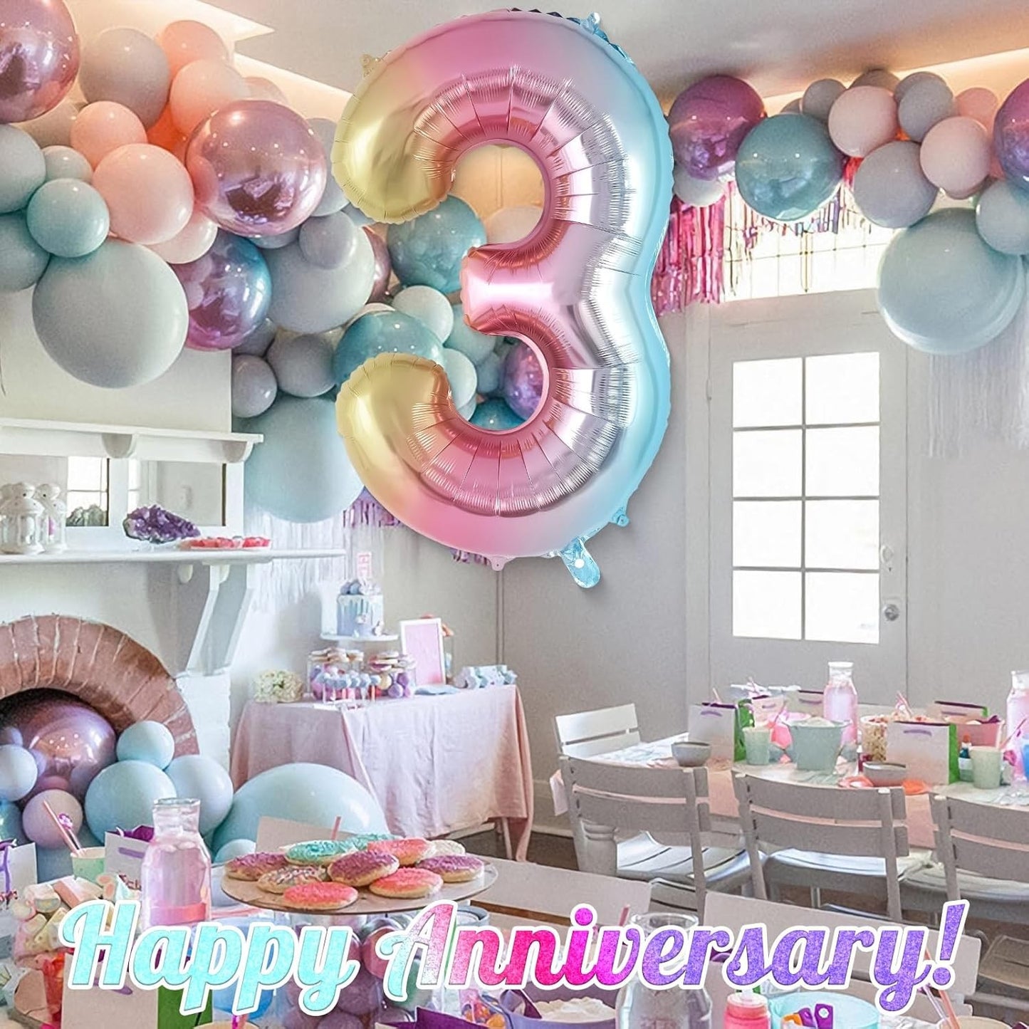 Balon din Folie Metalizata, Figurina Cifra Gradient, Tema Aniversare 40 cm, Ambalaj Individual, Pai inclus, Umflare cu Aer sau Heliu, Multicolor, Cifra 3