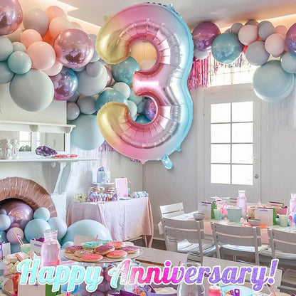 Balon din Folie Metalizata, Figurina Cifra Gradient, Tema Aniversare 40 cm, Ambalaj Individual, Pai inclus, Umflare cu Aer sau Heliu, Multicolor, Cifra 3