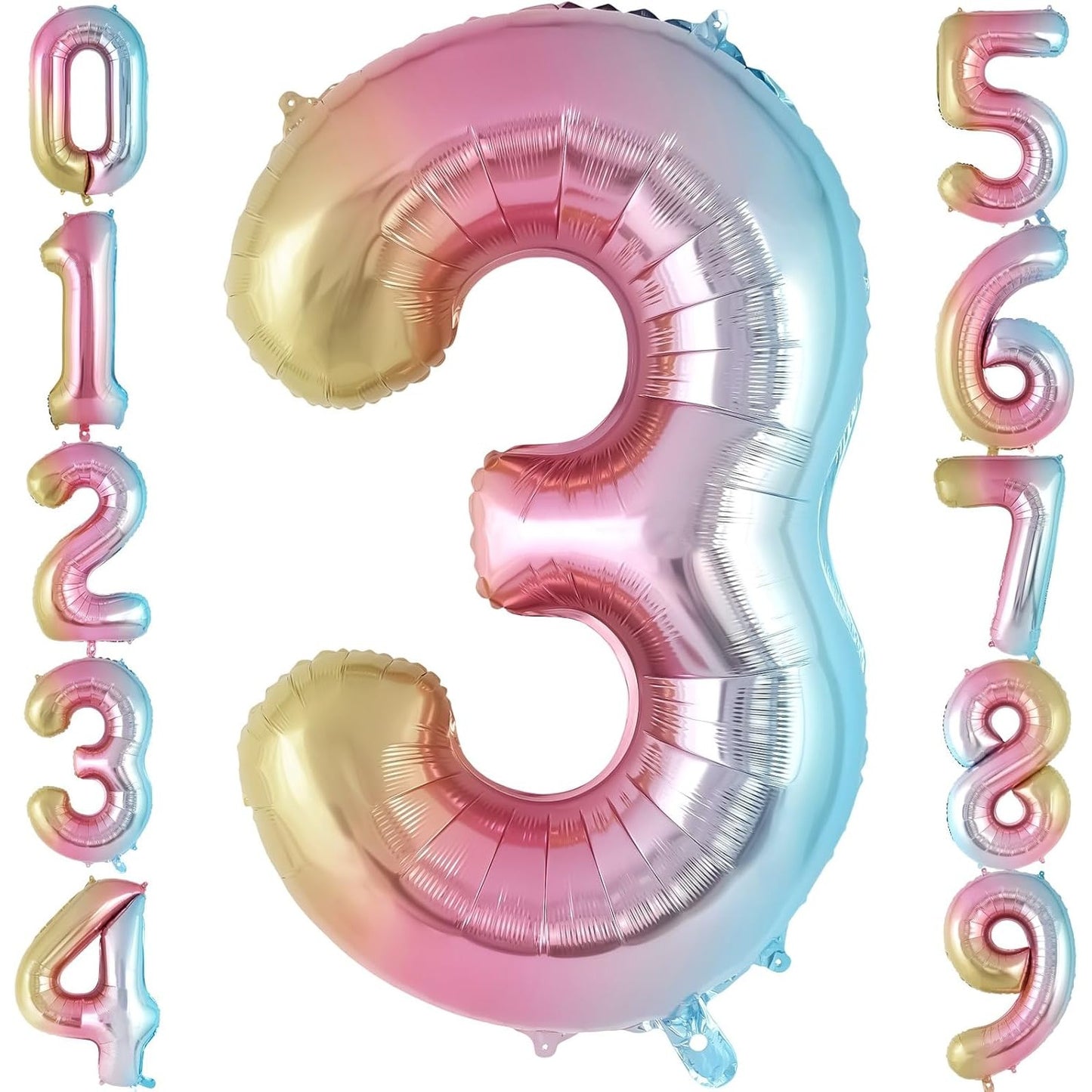 Balon din Folie Metalizata, Figurina Cifra Gradient, Tema Aniversare 40 cm, Ambalaj Individual, Pai inclus, Umflare cu Aer sau Heliu, Multicolor, Cifra 3