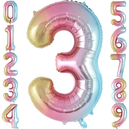 Balon din Folie Metalizata, Figurina Cifra Gradient, Tema Aniversare 40 cm, Ambalaj Individual, Pai inclus, Umflare cu Aer sau Heliu, Multicolor, Cifra 3