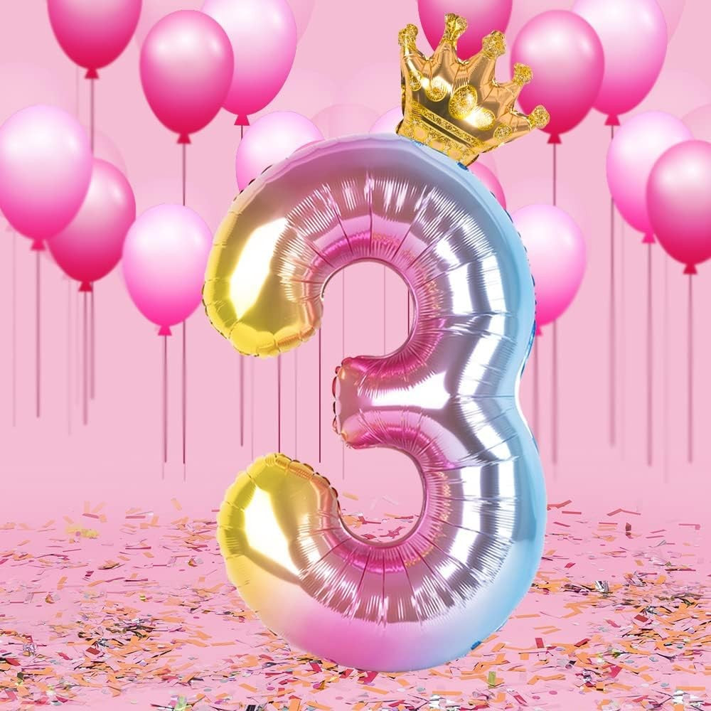 Balon din Folie Metalizata, Figurina Cifra Gradient, Tema Aniversare 80 cm, Ambalaj Individual, Pai inclus, Umflare cu Aer sau Heliu, Coronita, Cifra 3