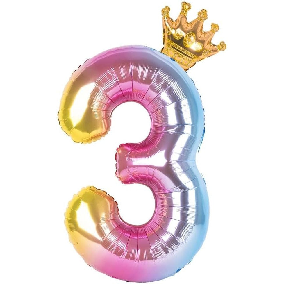Balon din Folie Metalizata, Figurina Cifra Gradient, Tema Aniversare 80 cm, Ambalaj Individual, Pai inclus, Umflare cu Aer sau Heliu, Coronita, Cifra 3