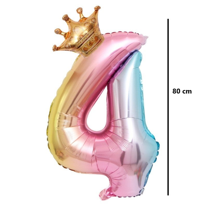 Balon din Folie Metalizata, Figurina Cifra Gradient, Tema Aniversare 80 cm, Ambalaj Individual, Pai inclus, Umflare cu Aer sau Heliu, Coronita, Cifra 4