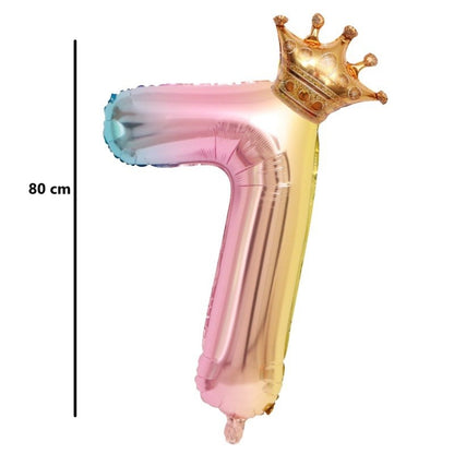 Balon din Folie Metalizata, Figurina Cifra Gradient, Tema Aniversare 80 cm, Ambalaj Individual, Pai inclus, Umflare cu Aer sau Heliu, Coronita, Cifra 7