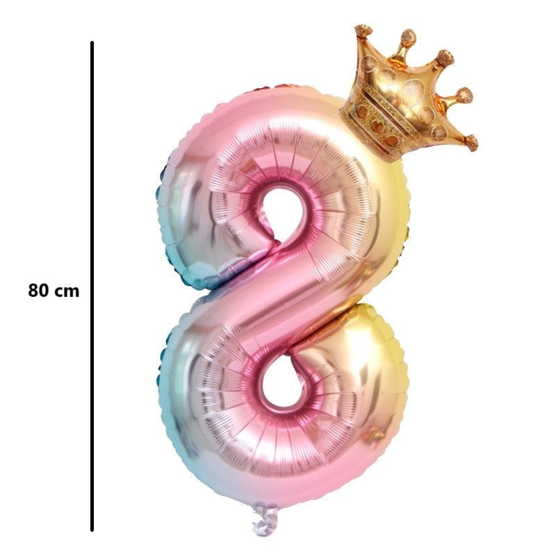 Balon din Folie Metalizata, Figurina Cifra Gradient, Tema Aniversare 80 cm, Ambalaj Individual, Pai inclus, Umflare cu Aer sau Heliu, Coronita, Cifra 8