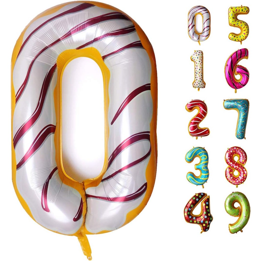 Balon din Folie Metalizata, Figurina Cifra, Imprimeu Gogosi, Tema Aniversare 100 cm, Ambalaj Individual, Pai inclus, Umflare cu Aer sau Heliu, Multicolor, Cifra 0