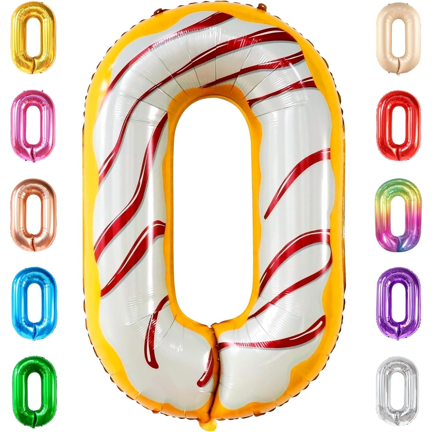 Balon din Folie Metalizata, Figurina Cifra, Imprimeu Gogosi, Tema Aniversare 100 cm, Ambalaj Individual, Pai inclus, Umflare cu Aer sau Heliu, Multicolor, Cifra 0