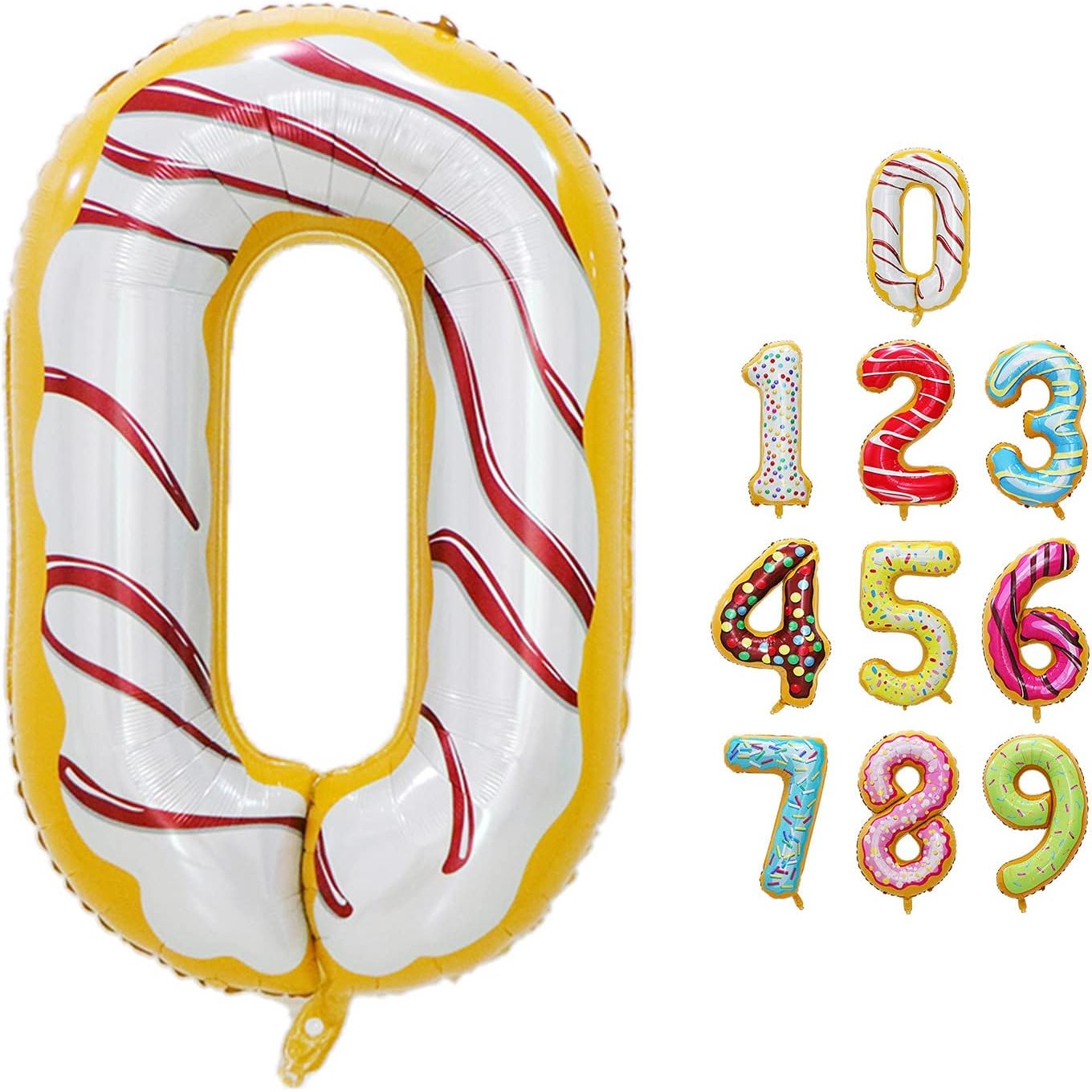 Balon din Folie Metalizata, Figurina Cifra, Imprimeu Gogosi, Tema Aniversare 100 cm, Ambalaj Individual, Pai inclus, Umflare cu Aer sau Heliu, Multicolor, Cifra 0