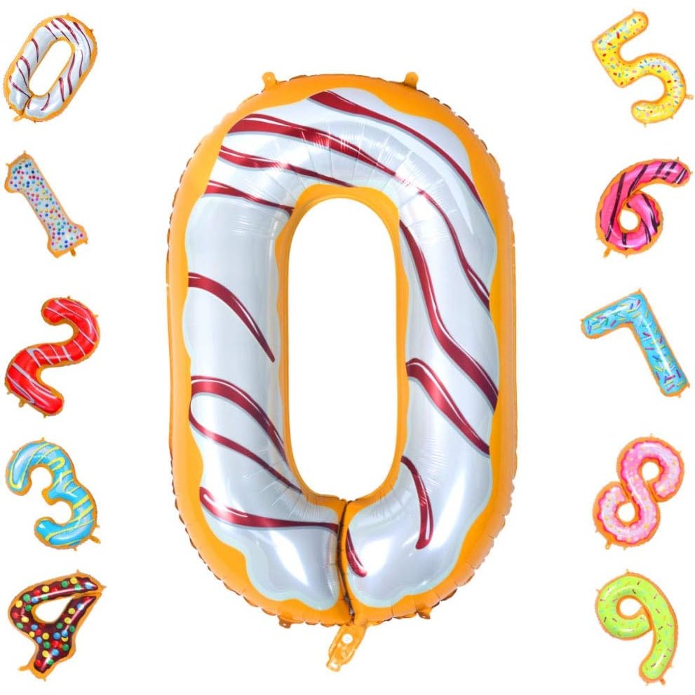 Balon din Folie Metalizata, Figurina Cifra, Imprimeu Gogosi, Tema Aniversare 100 cm, Ambalaj Individual, Pai inclus, Umflare cu Aer sau Heliu, Multicolor, Cifra 0