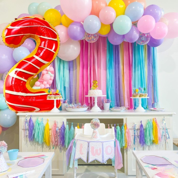 Balon din Folie Metalizata, Figurina Cifra, Imprimeu Gogosi, Tema Aniversare 100 cm, Ambalaj Individual, Pai inclus, Umflare cu Aer sau Heliu, Multicolor, Cifra 2