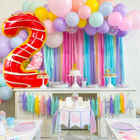 Balon din Folie Metalizata, Figurina Cifra, Imprimeu Gogosi, Tema Aniversare 100 cm, Ambalaj Individual, Pai inclus, Umflare cu Aer sau Heliu, Multicolor, Cifra 2