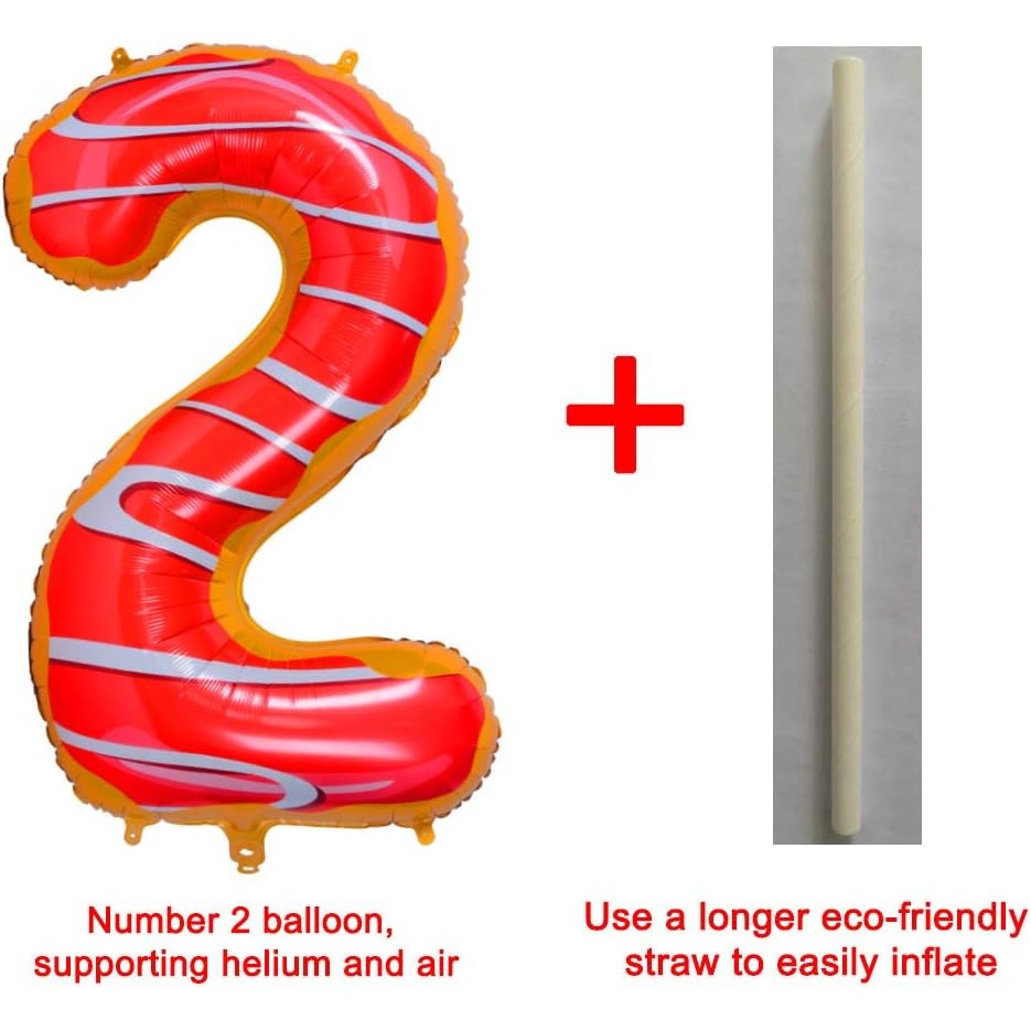 Balon din Folie Metalizata, Figurina Cifra, Imprimeu Gogosi, Tema Aniversare 100 cm, Ambalaj Individual, Pai inclus, Umflare cu Aer sau Heliu, Multicolor, Cifra 2
