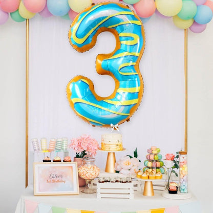 Balon din Folie Metalizata, Figurina Cifra, Imprimeu Gogosi, Tema Aniversare 100 cm, Ambalaj Individual, Pai inclus, Umflare cu Aer sau Heliu, Multicolor, Cifra 3