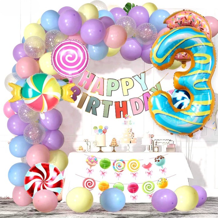 Balon din Folie Metalizata, Figurina Cifra, Imprimeu Gogosi, Tema Aniversare 100 cm, Ambalaj Individual, Pai inclus, Umflare cu Aer sau Heliu, Multicolor, Cifra 3