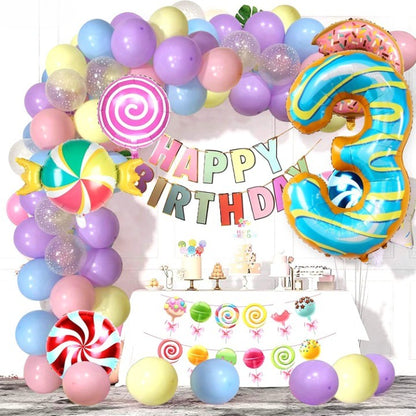Balon din Folie Metalizata, Figurina Cifra, Imprimeu Gogosi, Tema Aniversare 100 cm, Ambalaj Individual, Pai inclus, Umflare cu Aer sau Heliu, Multicolor, Cifra 3