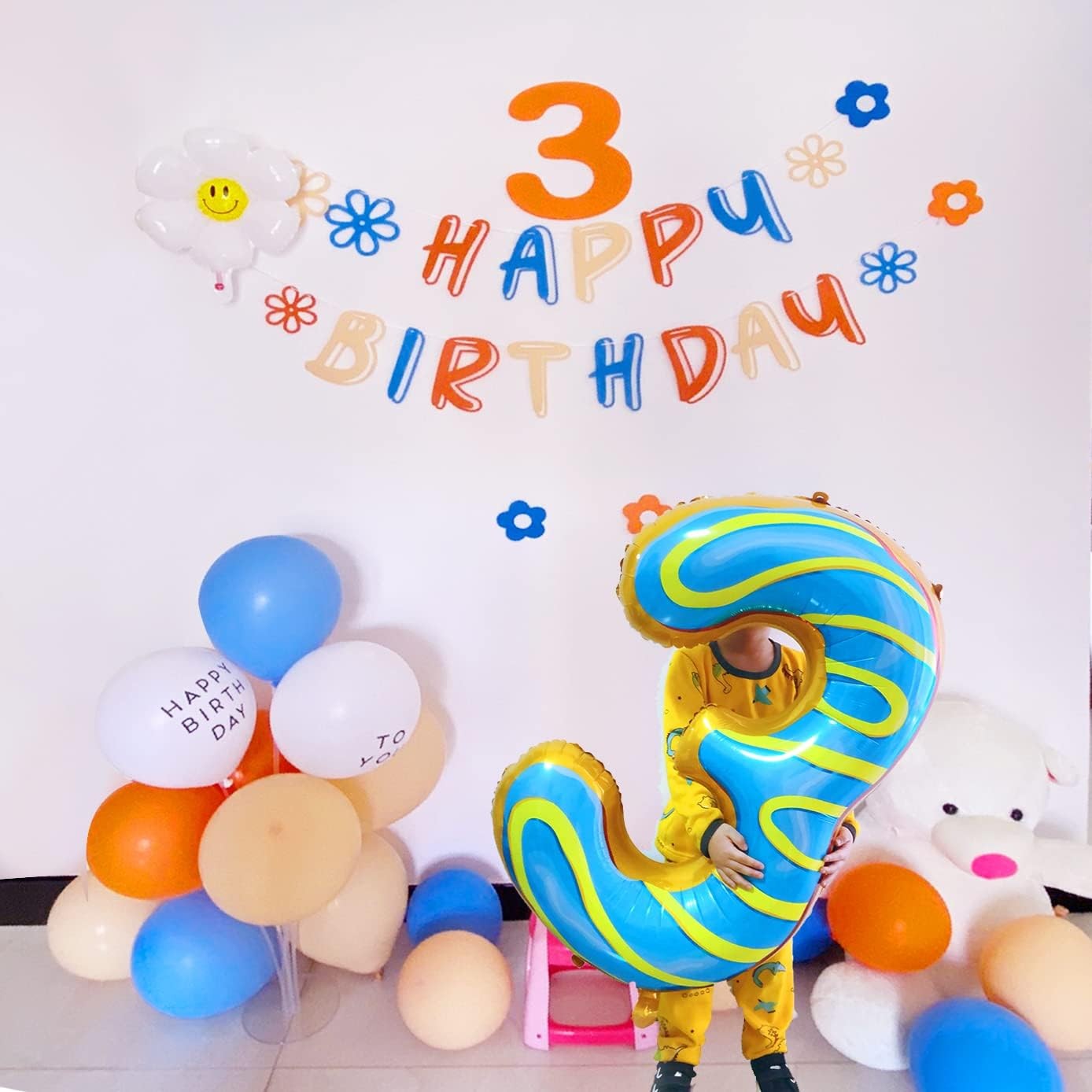 Balon din Folie Metalizata, Figurina Cifra, Imprimeu Gogosi, Tema Aniversare 100 cm, Ambalaj Individual, Pai inclus, Umflare cu Aer sau Heliu, Multicolor, Cifra 3