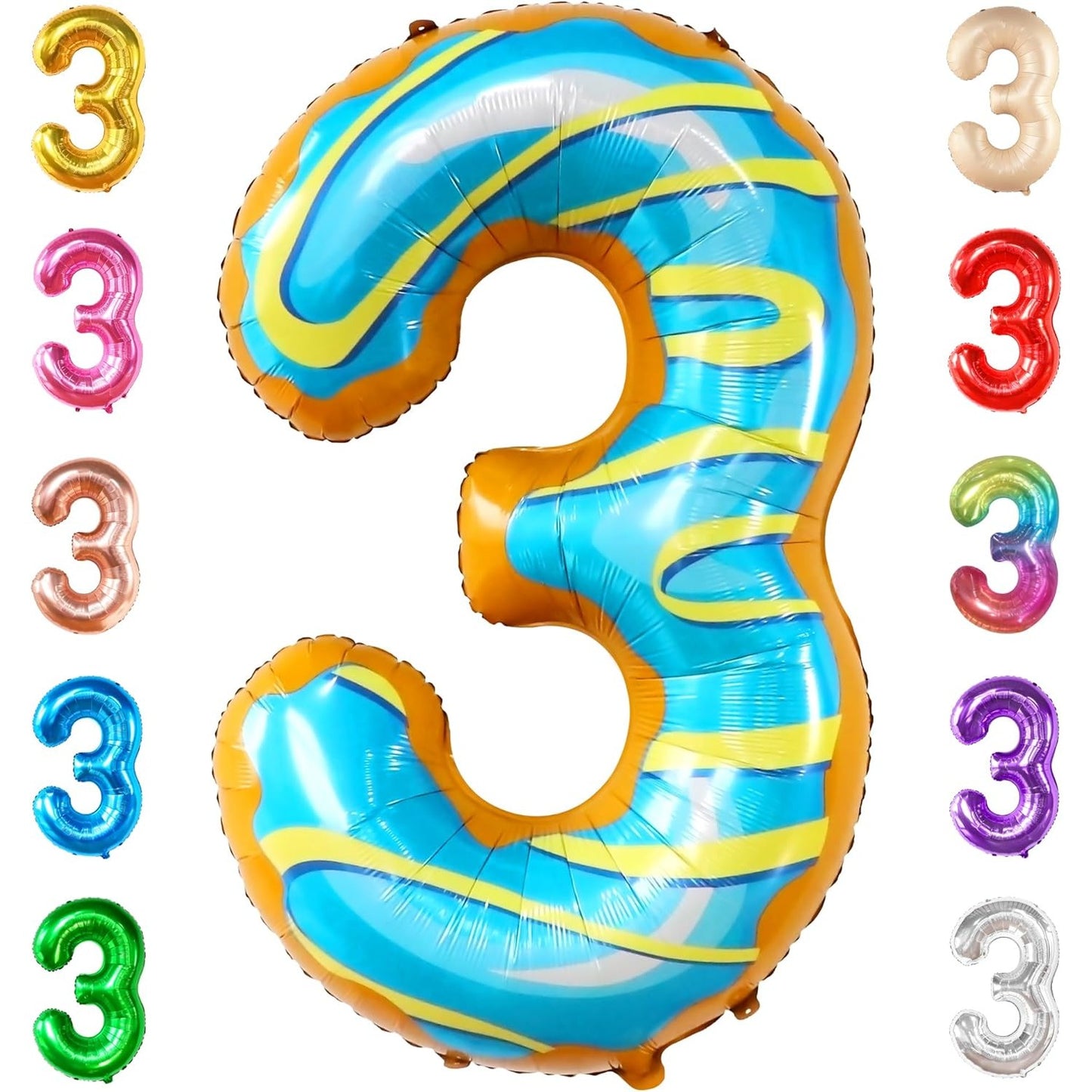 Balon din Folie Metalizata, Figurina Cifra, Imprimeu Gogosi, Tema Aniversare 100 cm, Ambalaj Individual, Pai inclus, Umflare cu Aer sau Heliu, Multicolor, Cifra 3