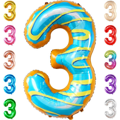 Balon din Folie Metalizata, Figurina Cifra, Imprimeu Gogosi, Tema Aniversare 100 cm, Ambalaj Individual, Pai inclus, Umflare cu Aer sau Heliu, Multicolor, Cifra 3