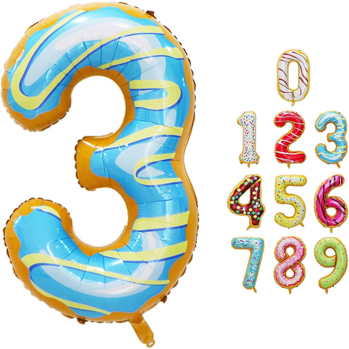 Balon din Folie Metalizata, Figurina Cifra, Imprimeu Gogosi, Tema Aniversare 100 cm, Ambalaj Individual, Pai inclus, Umflare cu Aer sau Heliu, Multicolor, Cifra 3